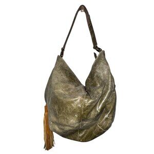 Hobo Olive Green Leather Large Shoulder Bag With Tassel Accent